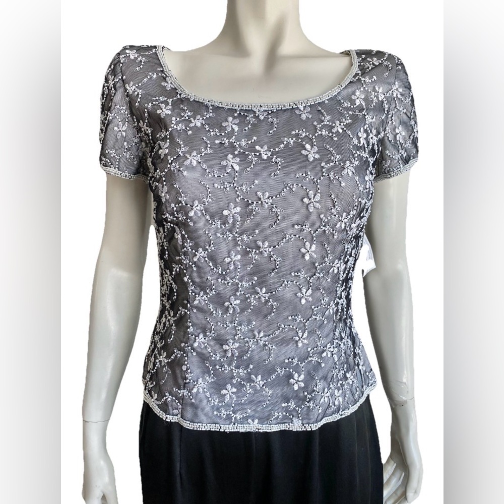 Oleg Cassini Black Tie Blouse Beaded Cap Sleeve Size Small VTG Formal NWT Fancy
